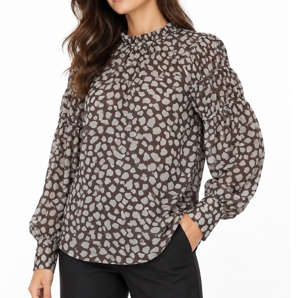Women's Brown Taupe Abstract Animal Print Ruffle Blouse Size L Long Sleeve